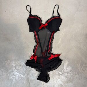 Rampage Intimates Black Red Ruffle Mesh Teddy Bodysuit Small Bows Lingerie